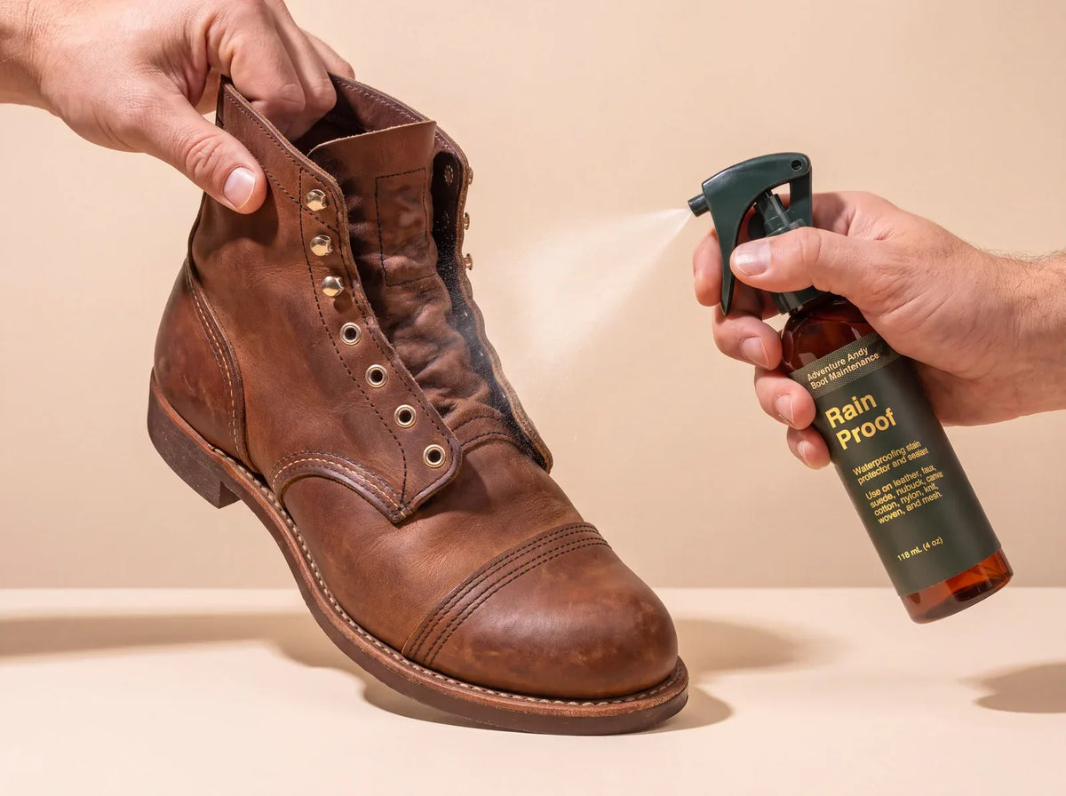 Spraying Rain Proof on a brown leather boot