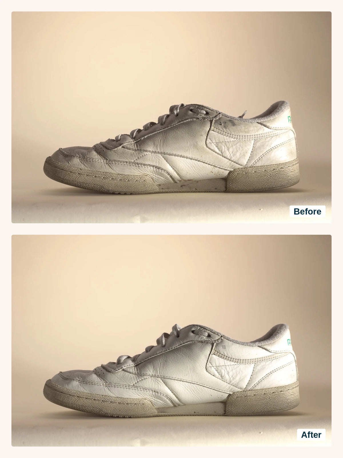 The inside of a white Reebok sneaker before Boot Soap (top) and after (bottom)