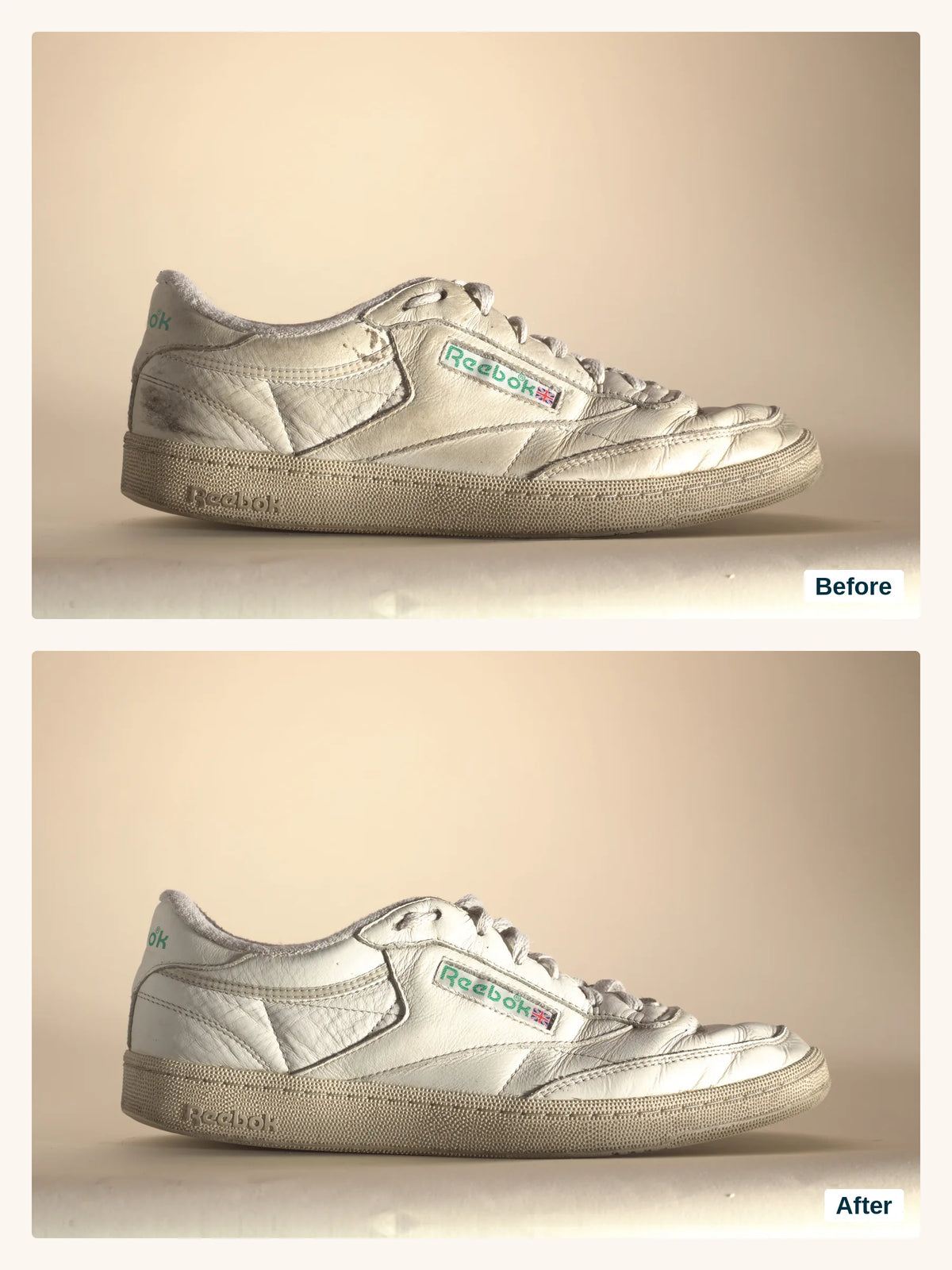 The same white Reebok sneaker before Boot Soap (top) and after (bottom)