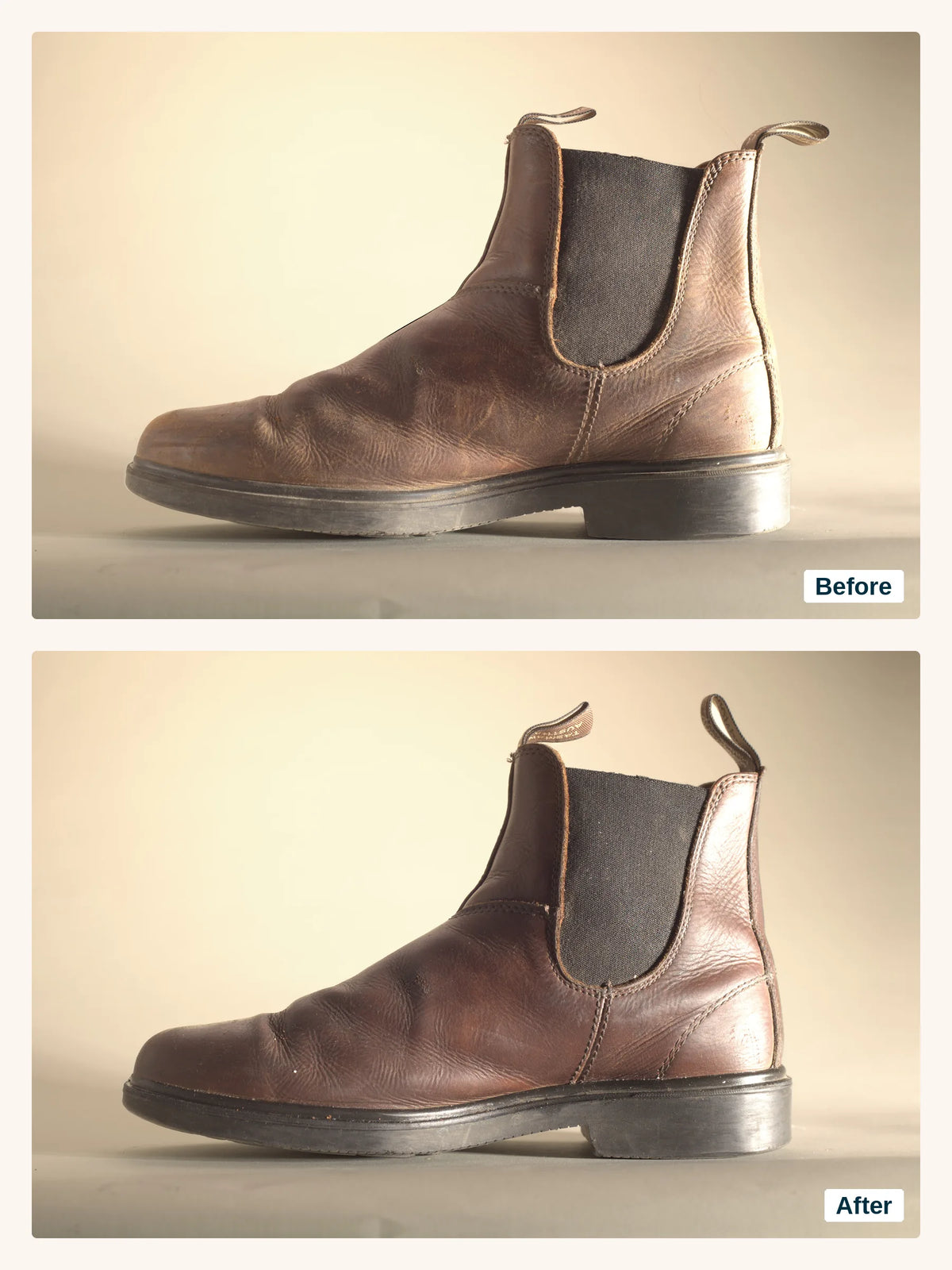 The inner side of a brown Blundstone boot before 2-in-1 Boot Wax (top) and after (bottom)