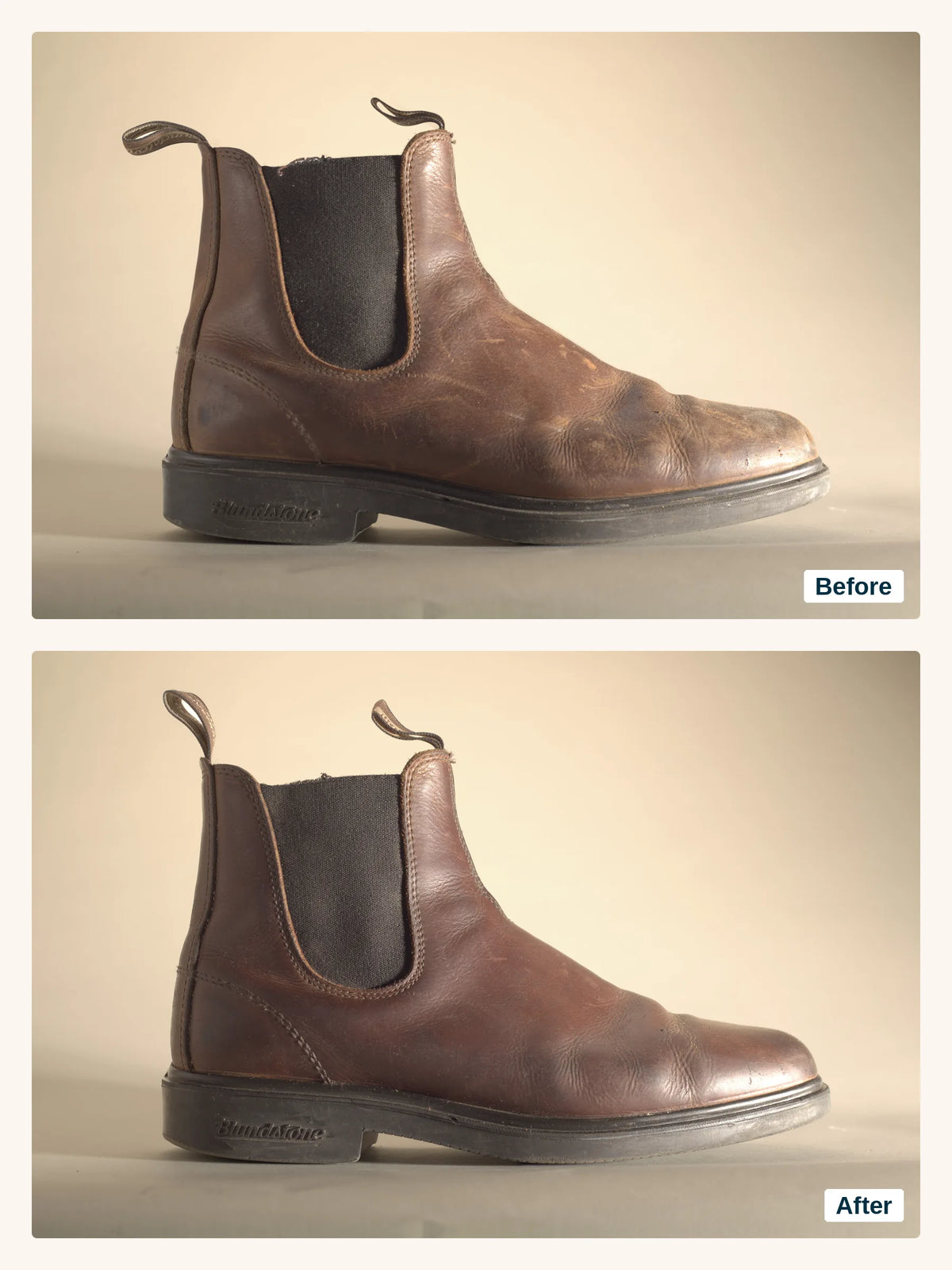 The same brown Blundstone boot before 2-in-1 Boot Wax (top) and after (bottom)