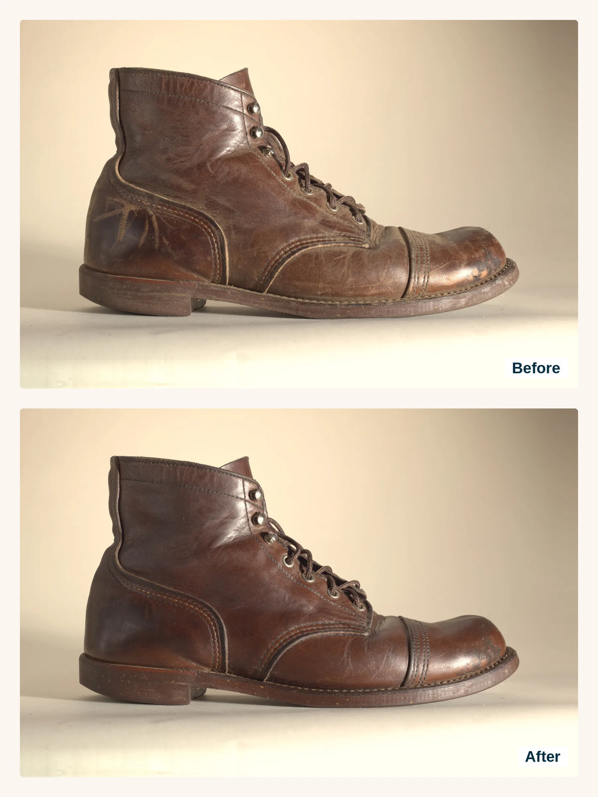 The same brown Red Wing boot before Boot Wax (top) and after (bottom)