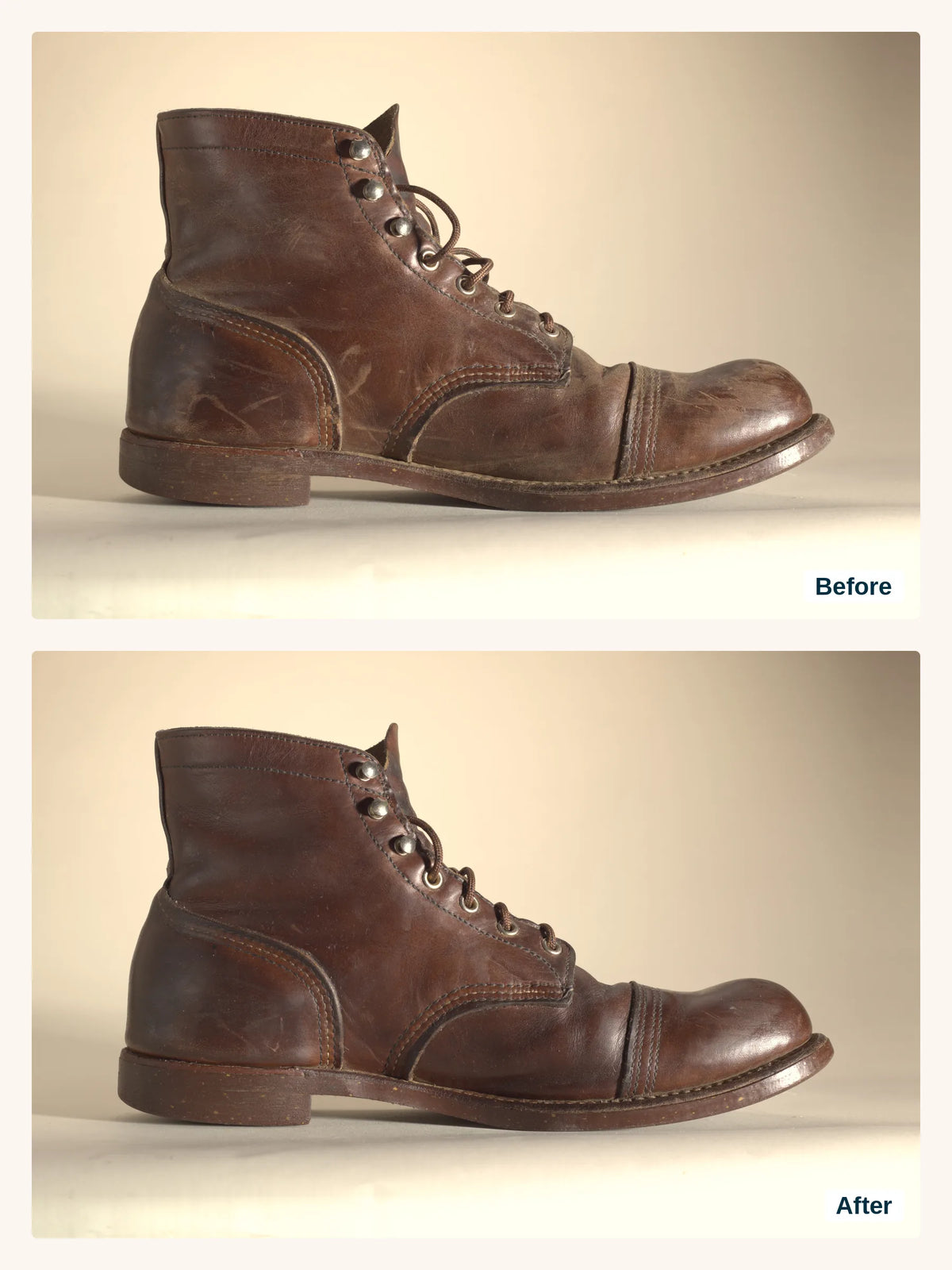 The same brown Red Wing boot before Boot Wax (top) and after (bottom)