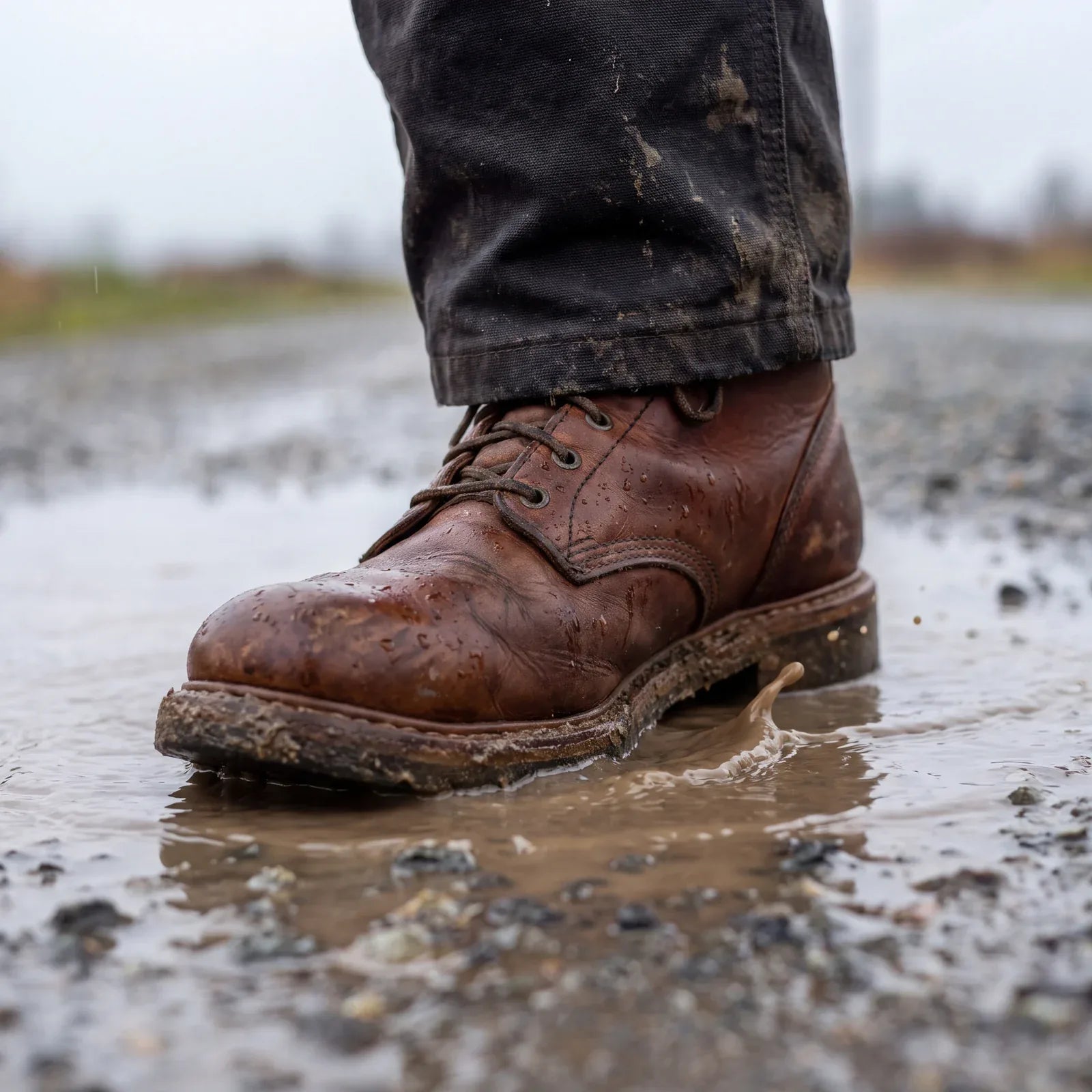 A leather work boot stepping through a puddle on a gravel road